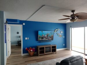 East Florida Costal Design Living room, behind the photo is the bathroom.